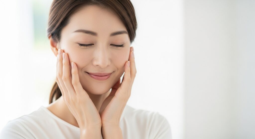 頬に手を当てる女性