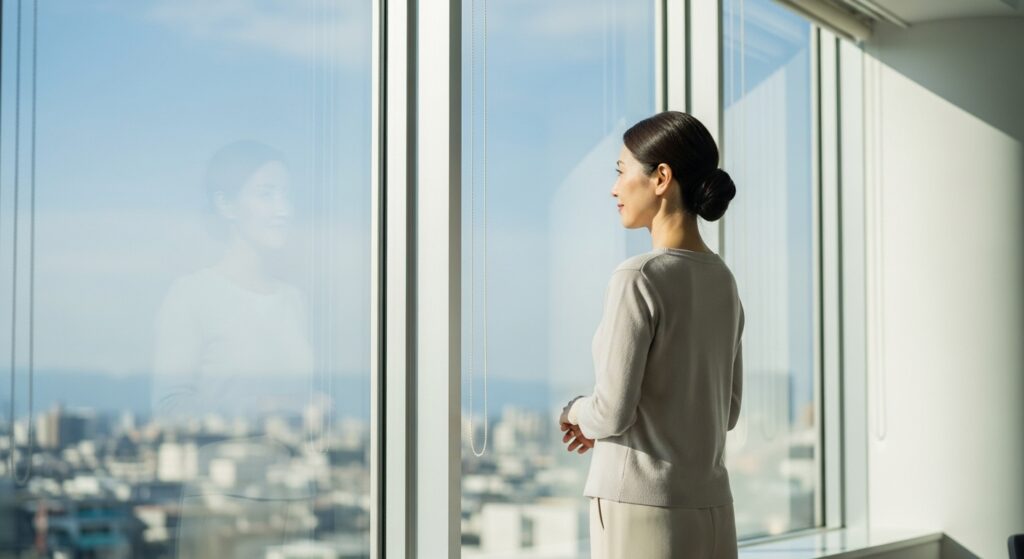 窓の外をみつめる女性